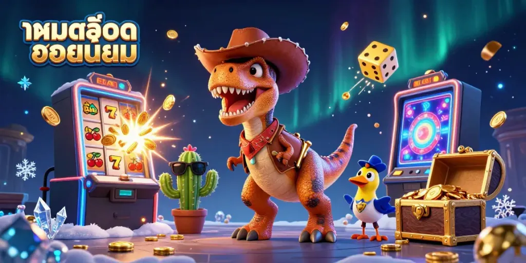 Experience the excitement of เกมสล็อตยอดนิยม with vibrant characters and casino game elements in a dynamic scene.