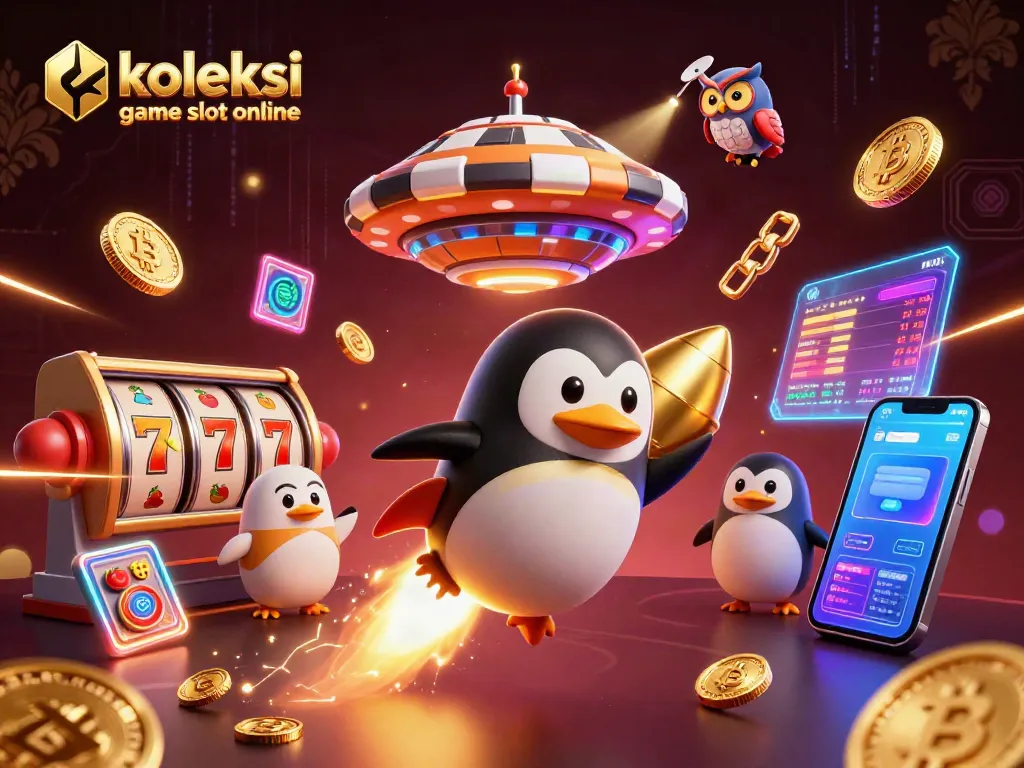 Koleksi game slot online memikat dengan penguin emas roket meluncur ke stasiun kasino penuh simbol slot dan koin digital.