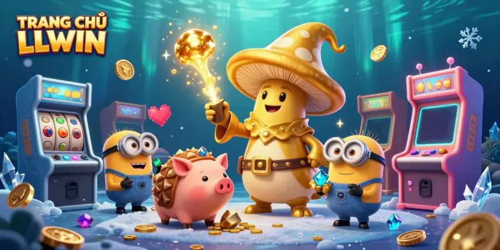 Engage with TRANG CHỦ LLWIN through this vibrant scene of a golden mushroom wizard and lively gaming elements.