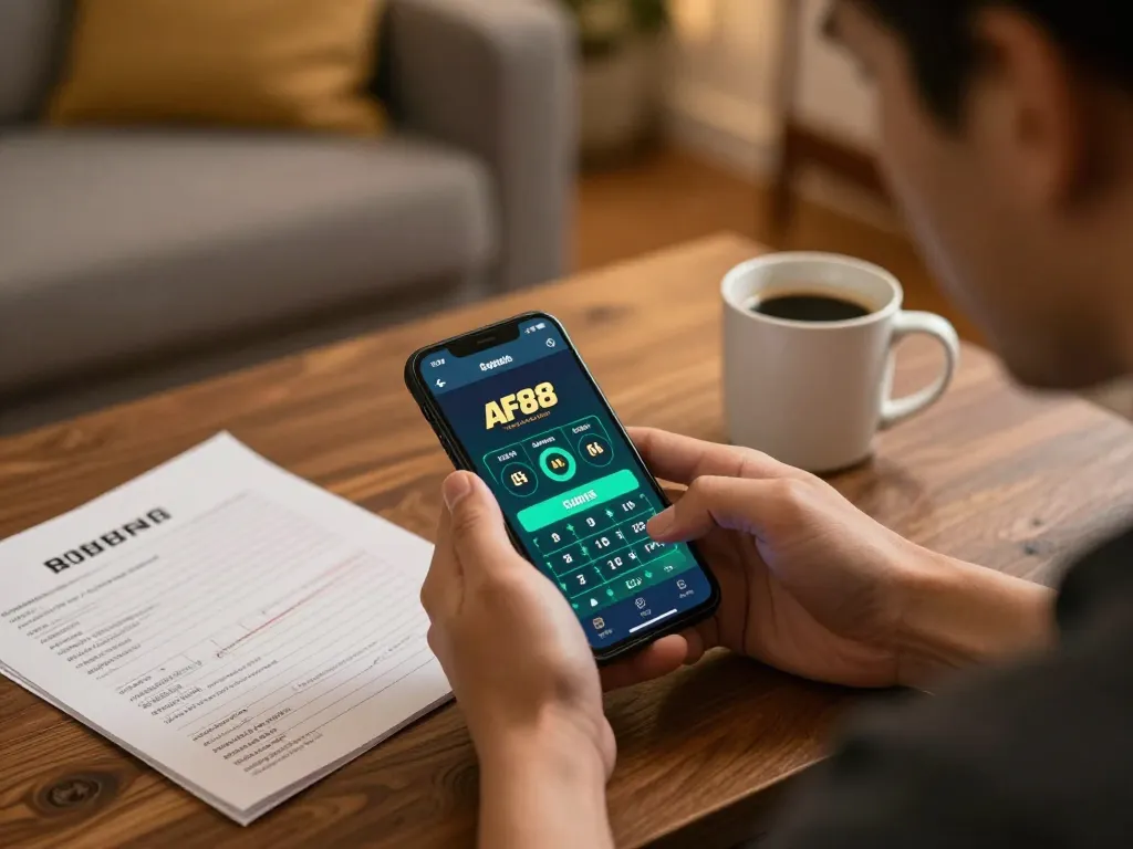 Player explores AF88 win strategies while betting on a smartphone in a cozy home setting.