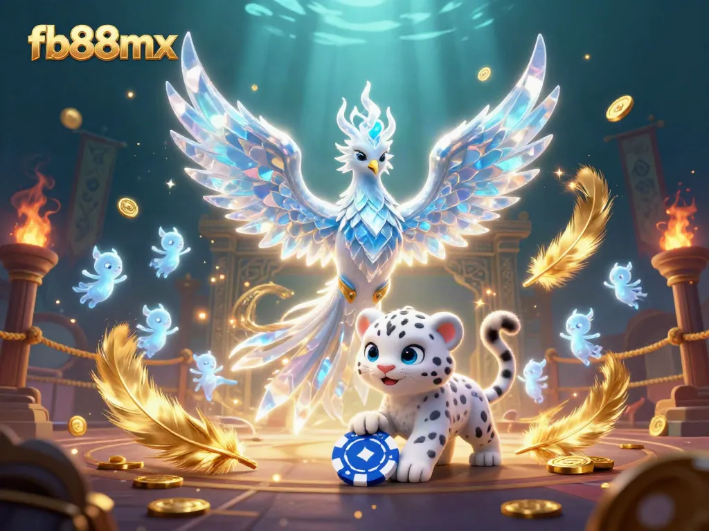 Experience exciting gaming action at fb88mx featuring a vibrant ice phoenix, playful snow leopard, and glowing sprites.