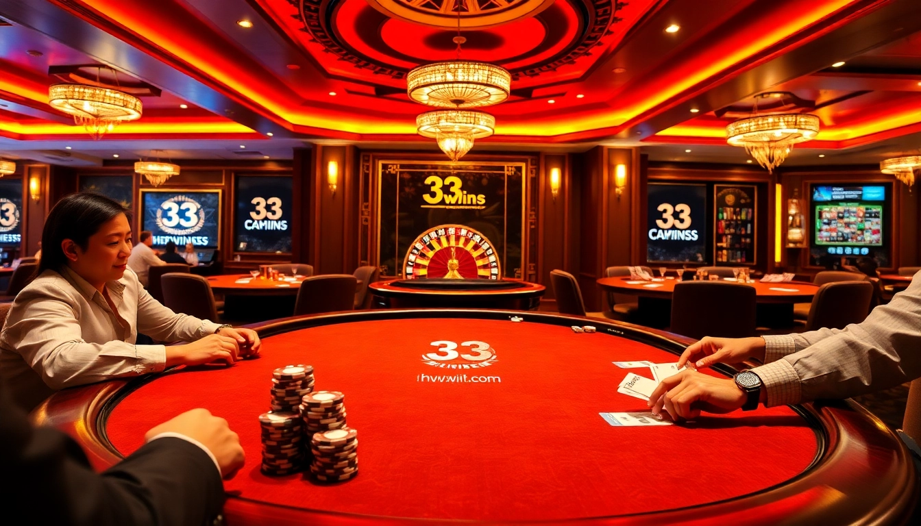 Players enjoying a high-stakes poker game at https://33wins.it.com, showcasing excitement and luxury in a casino ambiance.