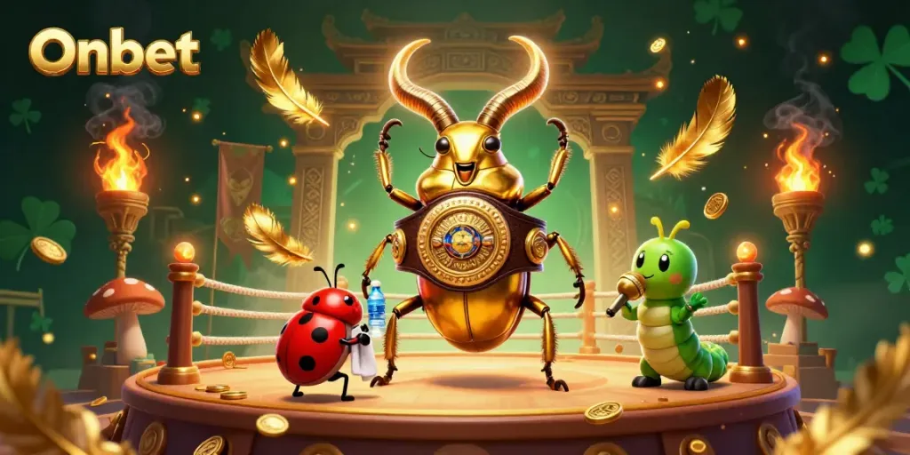 Onbet challenges players with a dynamic casino boxing scene featuring vibrant characters and golden tokens.