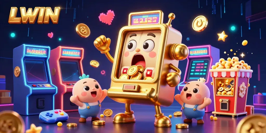 LLWIN slot machine hits a jackpot, showering coins in a vibrant 3D casino scene.