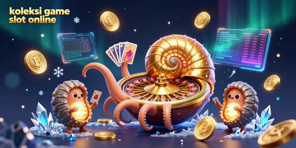 Koleksi game slot online menampilkan nautilus raksasa dengan roda roulette, dikelilingi koin 3D dan elemen blockchain.
