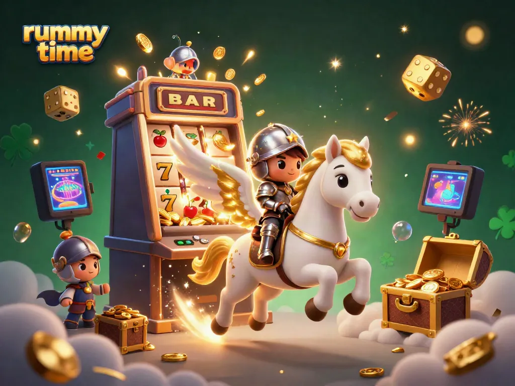 Experience dynamic rummy time gameplay with a celestial knight and gold-filled jackpots in this vibrant 3D scene.