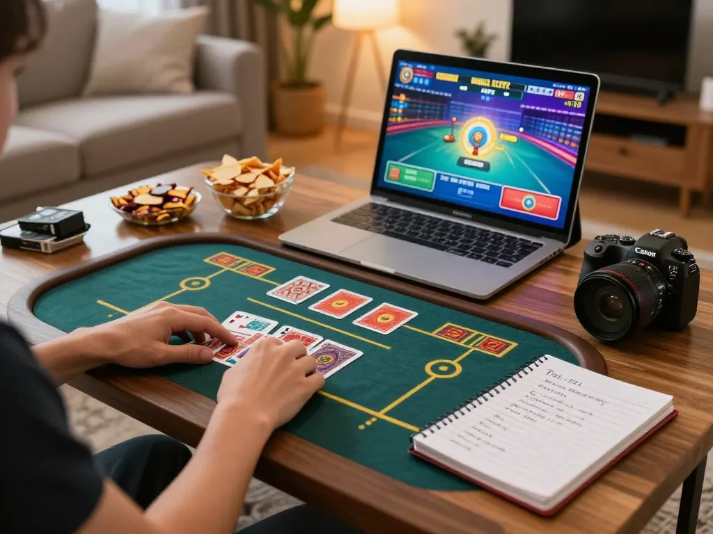 Hi88 online gaming scene with a player engaging in a card game on a tablet at home, showcasing a cozy atmosphere.