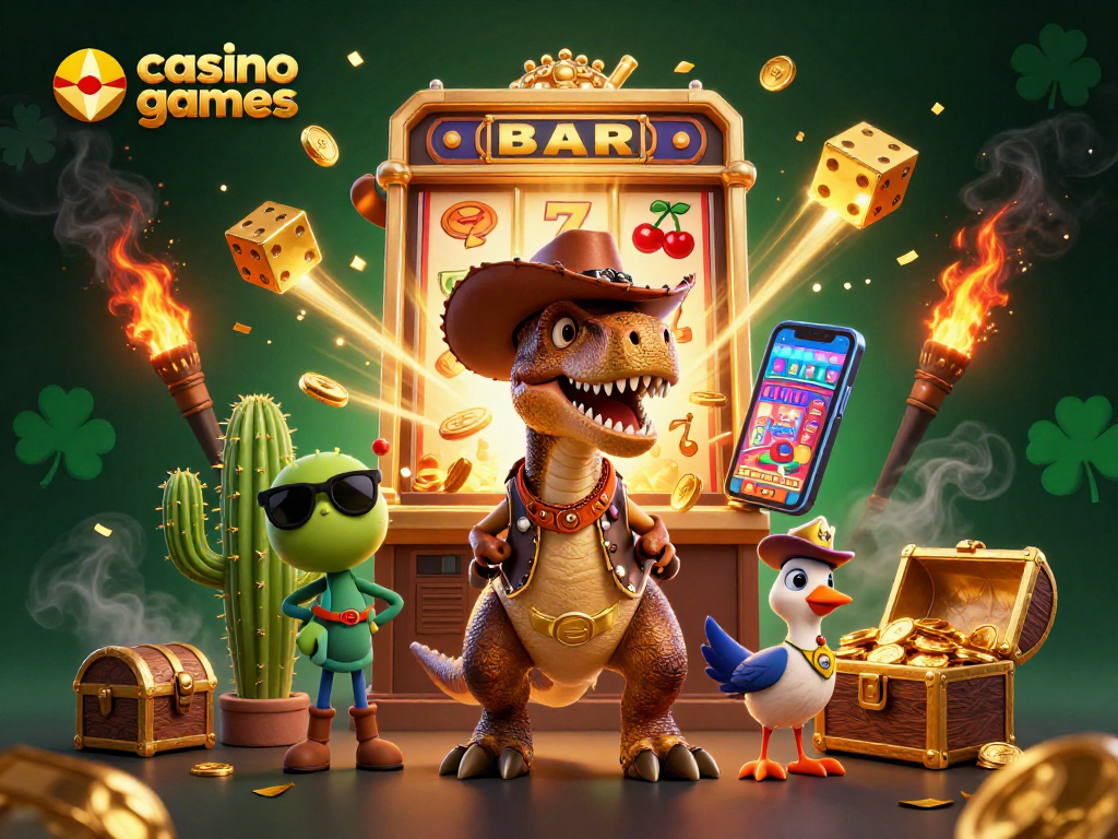Engage in thrilling casino games with cartoon characters amidst a jackpot explosion.