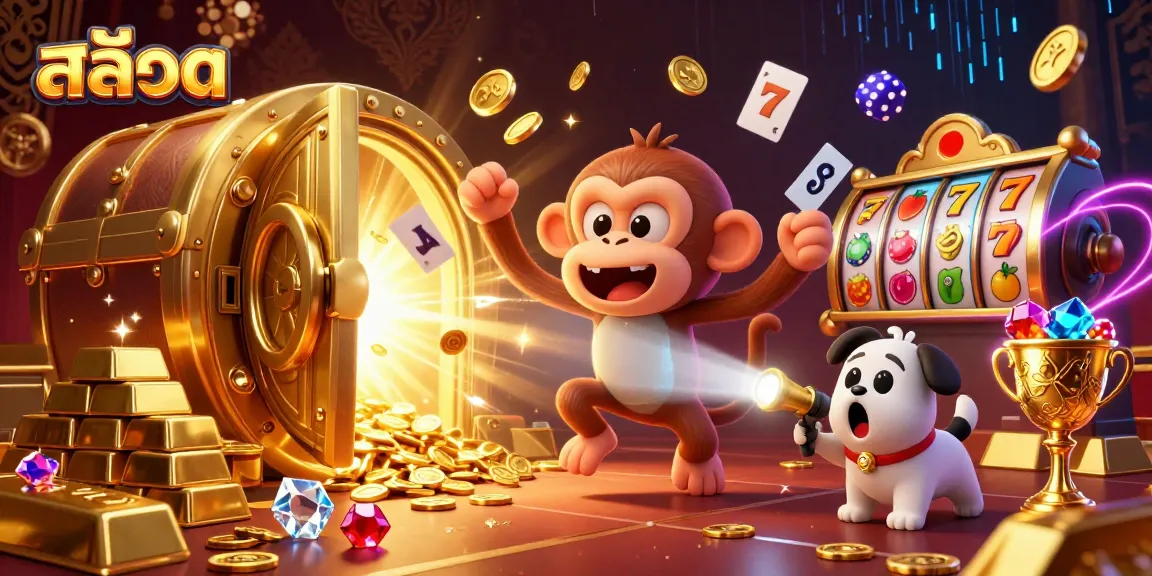 Experience thrilling สล็อต action with a playful ghostly monkey and a curious puppy in a vibrant casino.