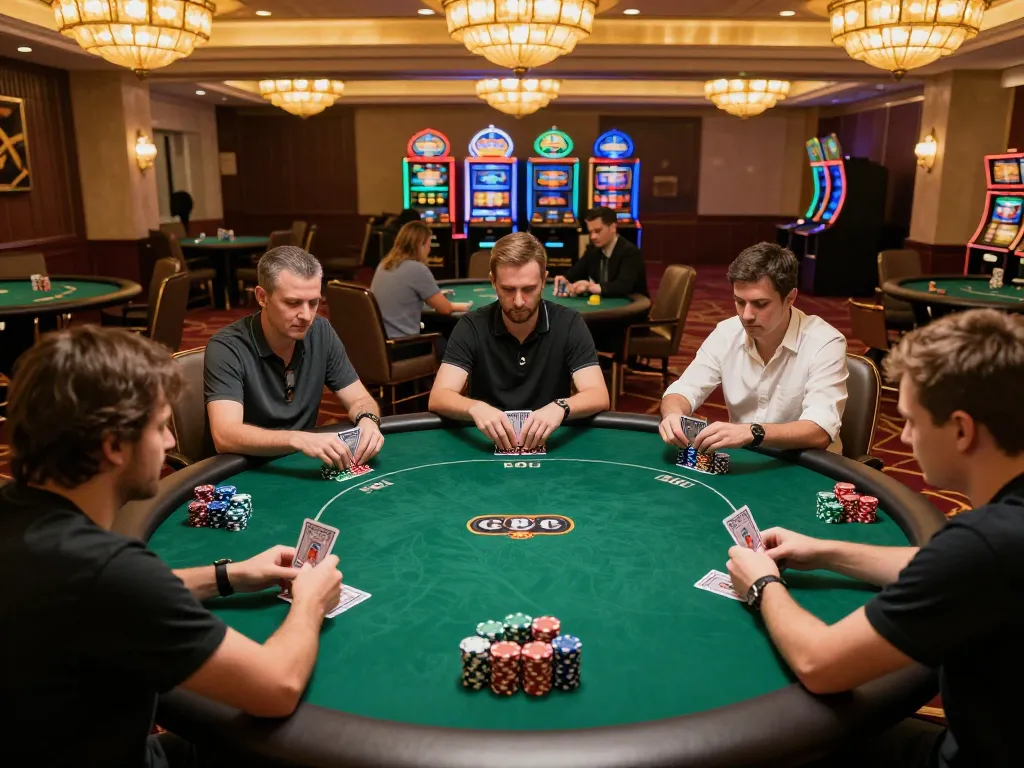 Intense poker action at the 789win club, showcasing players strategizing in an upscale casino setting