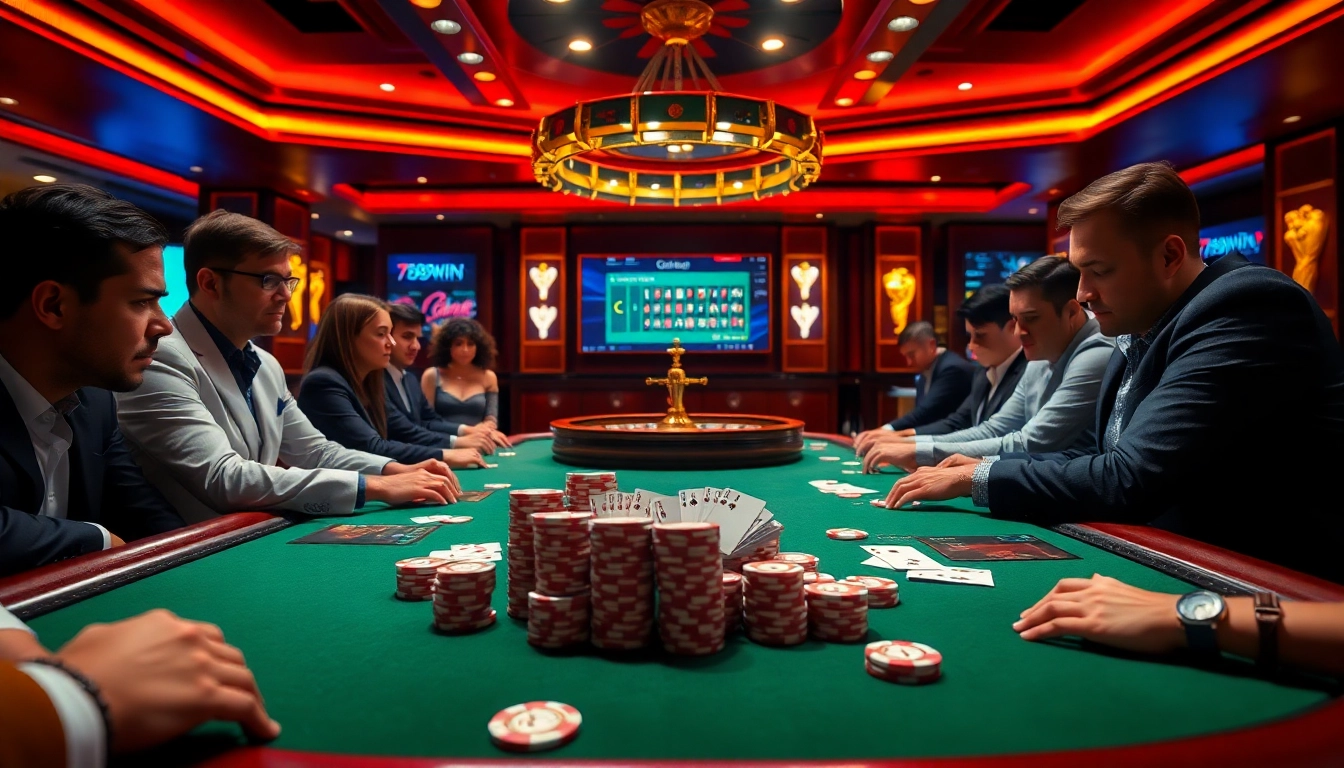 Players engaging in poker with a digital interface showing 789win đăng nhập for an exciting casino experience.