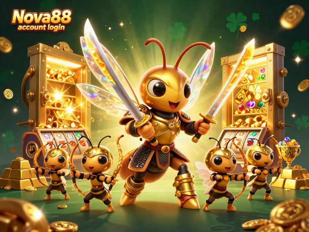 Access your Nova88 account login amidst a dazzling casino illustration featuring a samurai hornet and treasure elements.