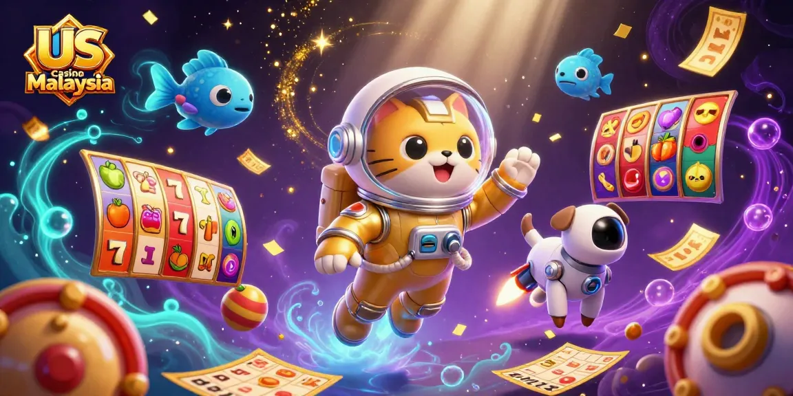 Experience thrilling gameplay at Us Casino Malaysia with energetic characters in a vibrant casino scene.