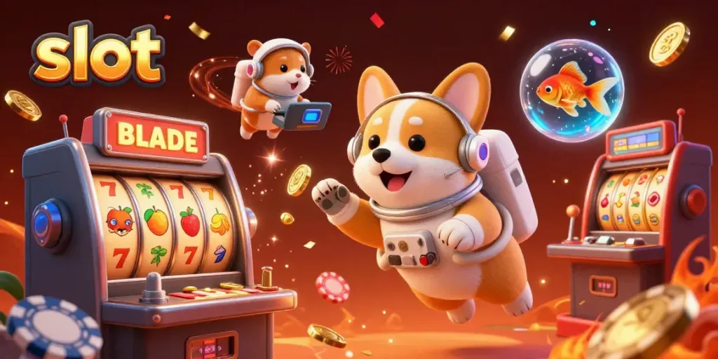 Menang slot dengan corgi astronaut melayang di kasino luar angkasa yang penuh koin dan mesin slot.