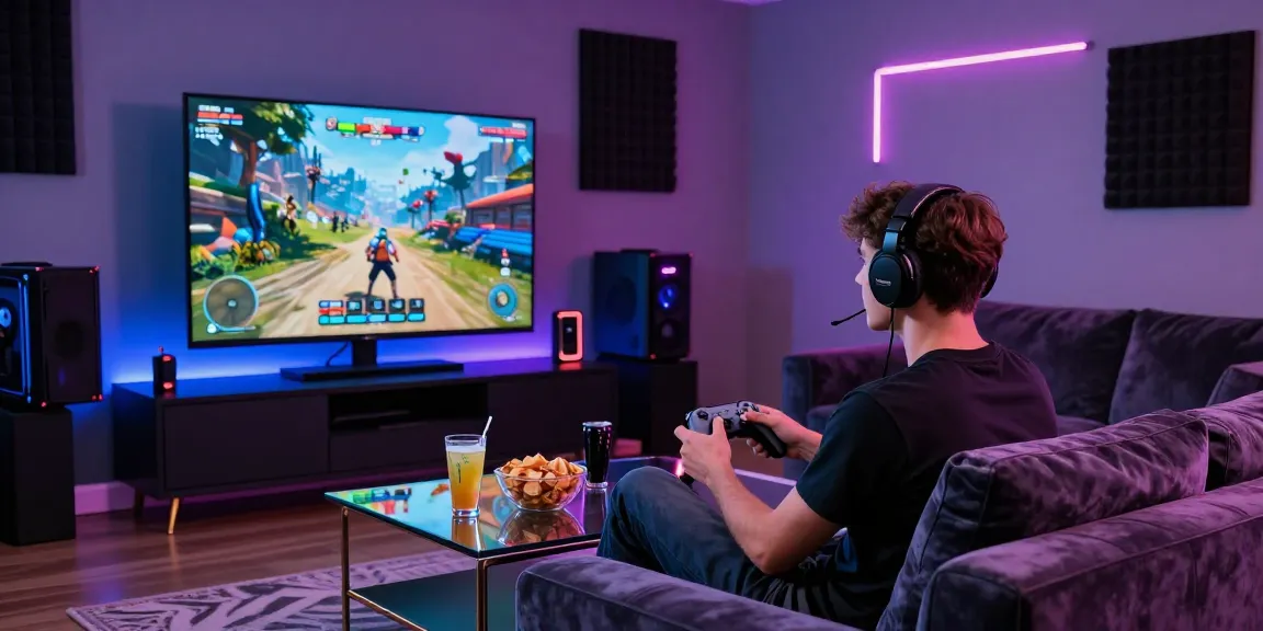 Ruang permainan mewah dengan gamer menggunakan luxury111, dikelilingi gadget gaming terbaik dan suasana enerjik.