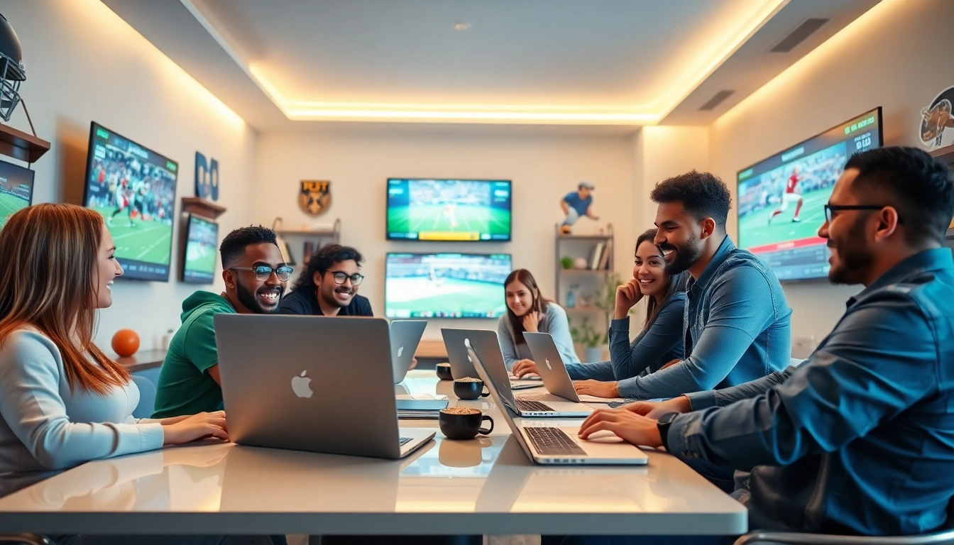Engaged individuals enjoying online Betting in a lively sports-themed home environment.