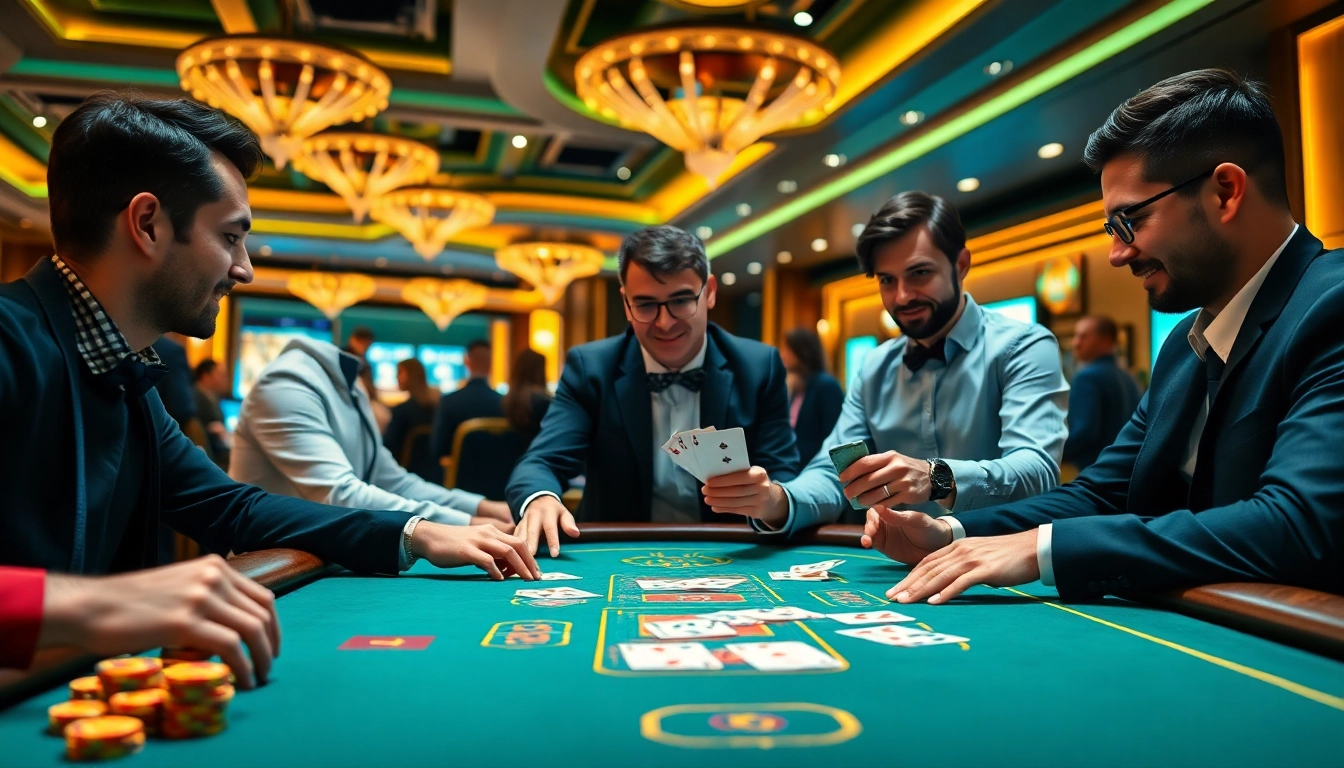 Engaged players in a lively Blackjack Casino setting showcasing strategic gameplay and excitement.