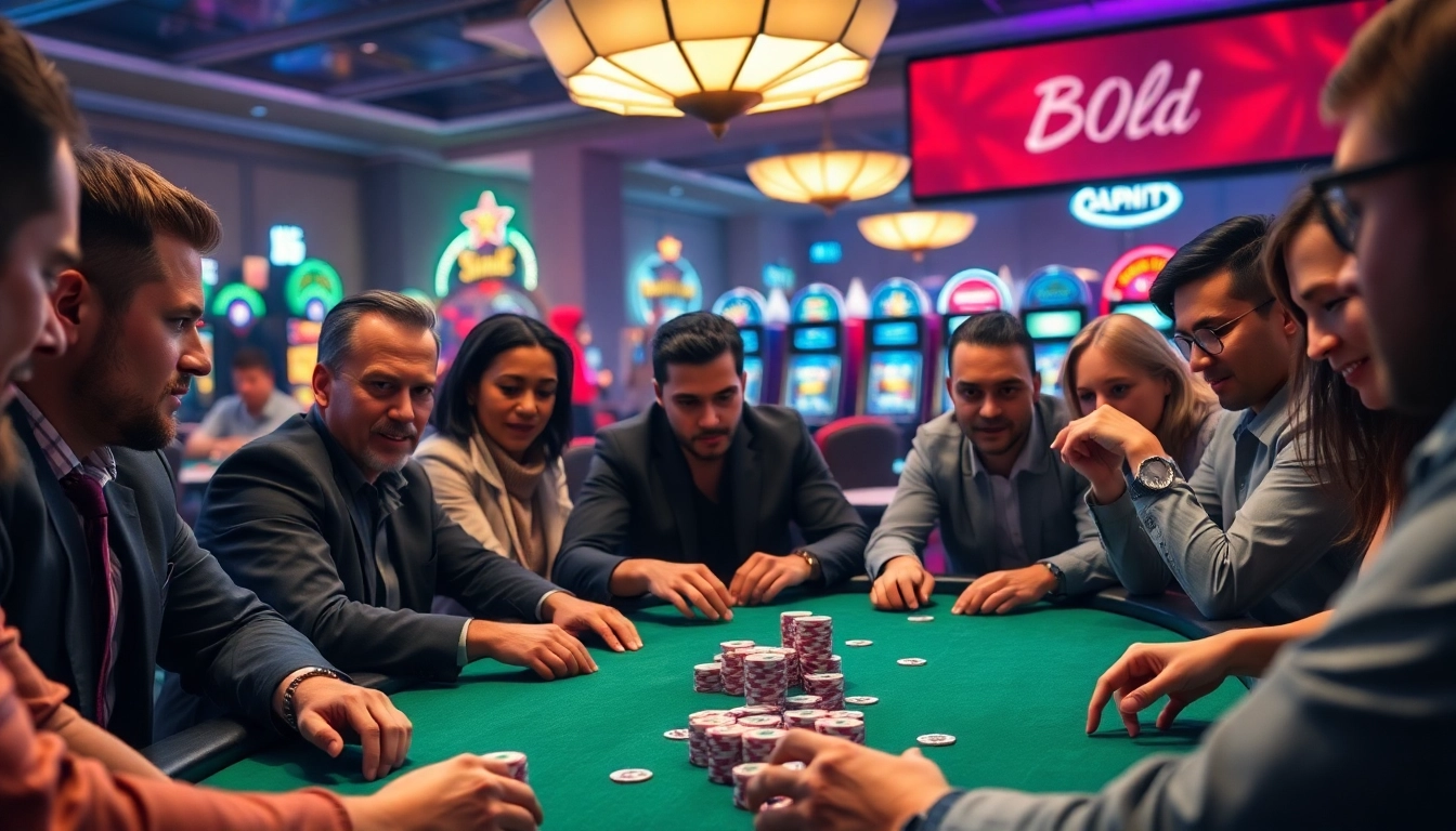 Engaging poker game with players focused on their hands and chips in a lively casino setting.