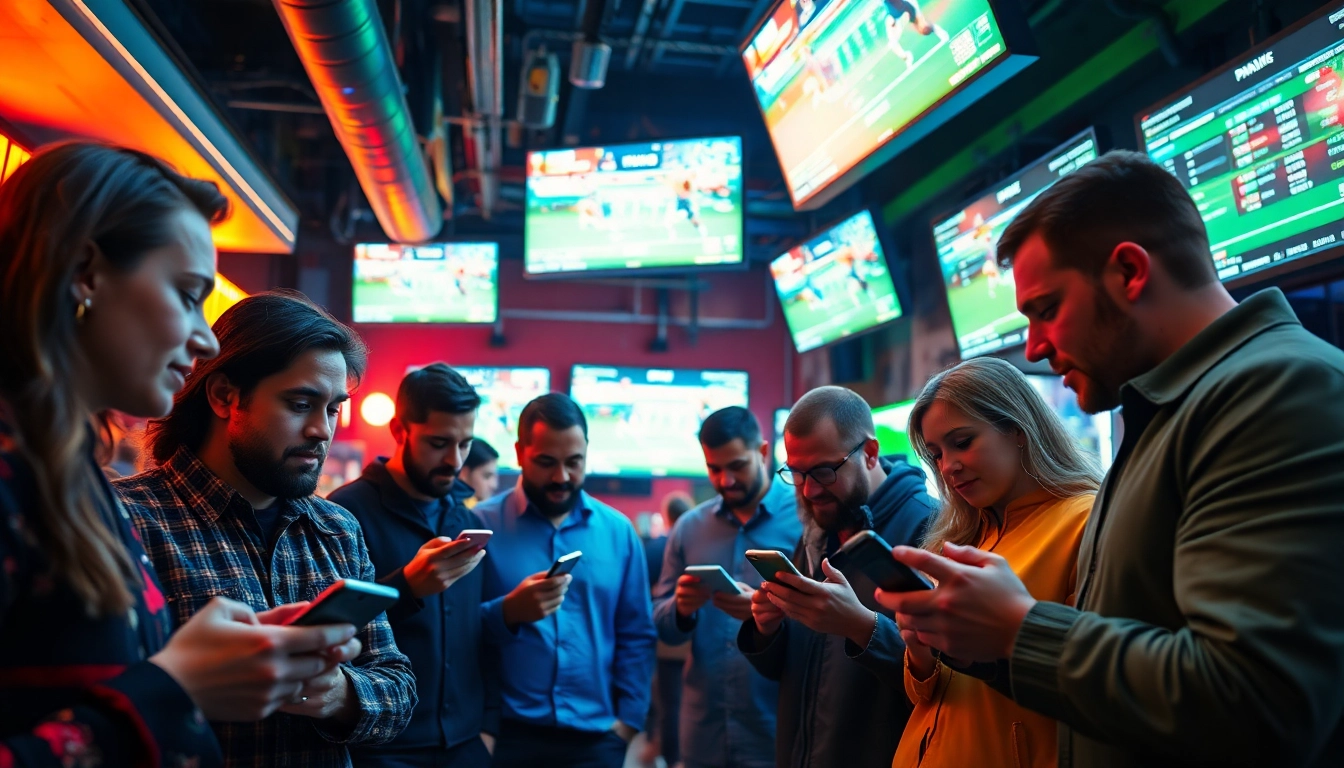 Engaged participants in sports betting analyzing odds in a vibrant sports bar.