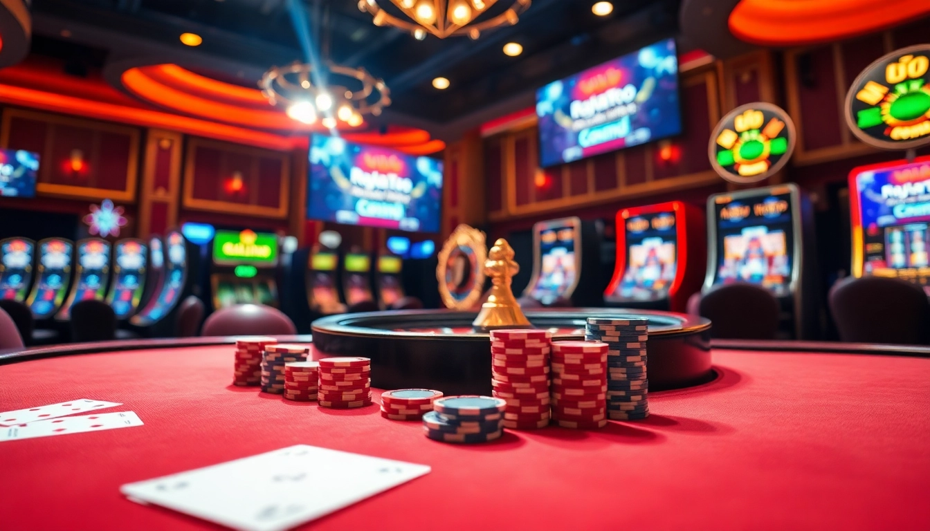 Exciting casino scene highlighting login rajatoto88 with poker chips and a roulette wheel.