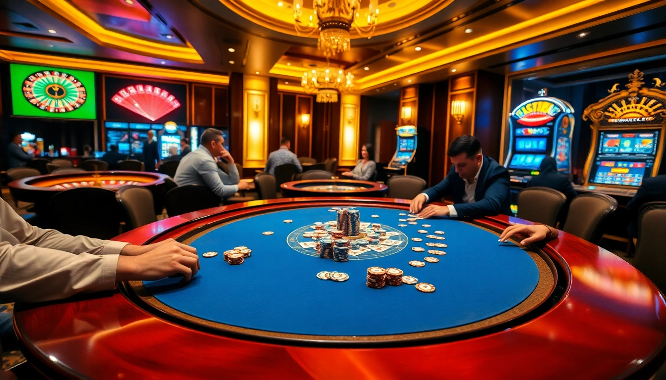 Players enjoying a competitive poker game at 88i casino with vibrant lights and a roulette wheel in the background.