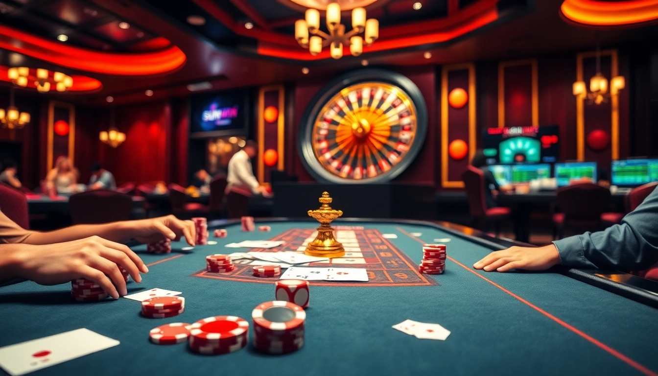 Experience the thrill of sunwin gaming at a luxurious casino table with vibrant chips and cards.