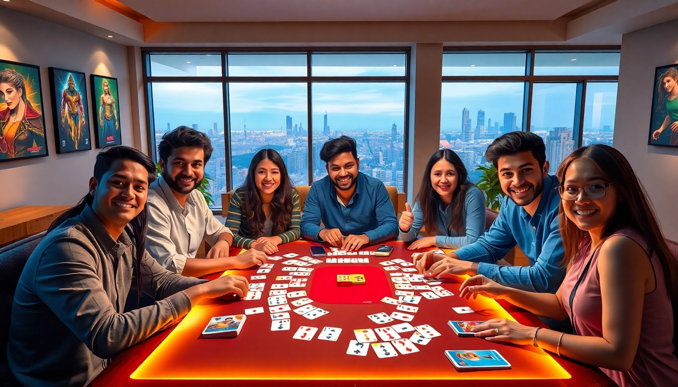 Excited friends playing Rummy 91 in a cozy modern living room.