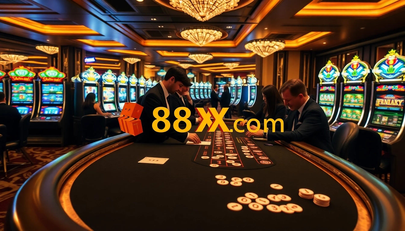 Engage with thrilling gameplay at 88xx.com featuring a luxurious casino table and vibrant slot machines.