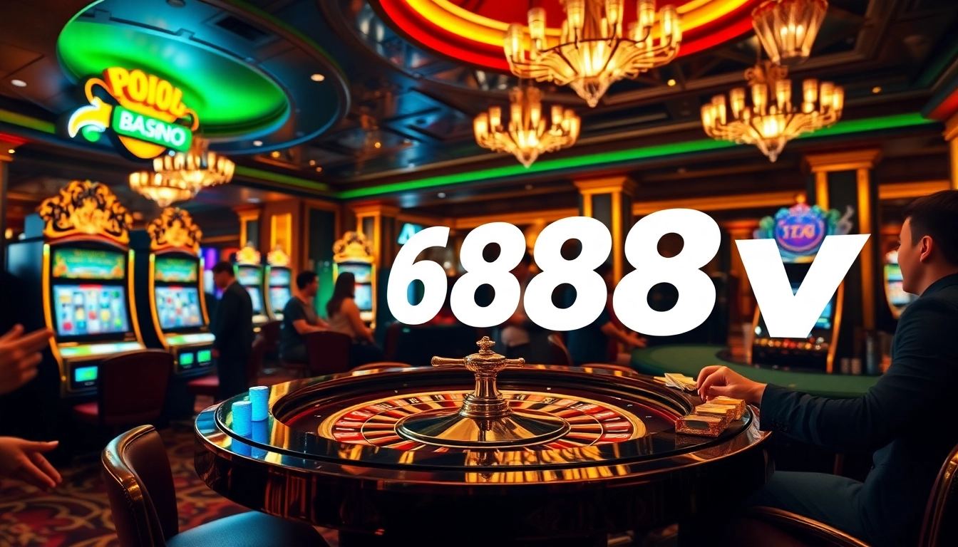 Engaged players enjoying the thrill of gambling at 688v casino, showcasing vibrant slot machines and poker chips.