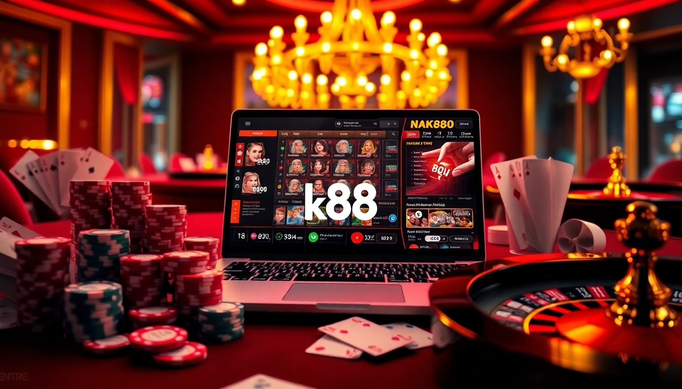 Engage with the thrilling world of online gambling at https://nk88.center/, featuring vibrant casino elements like cards and chips.