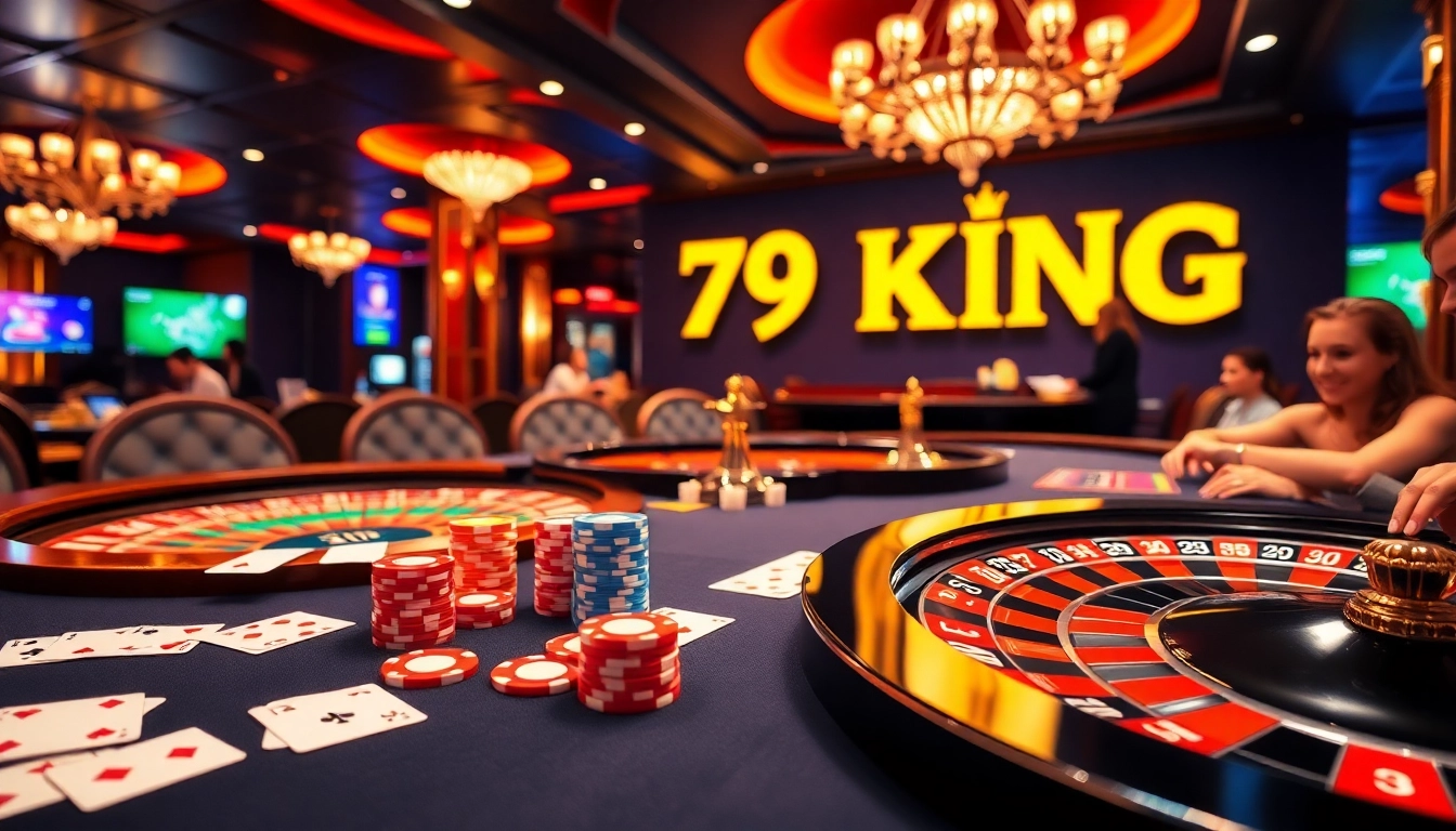 Engaging players at a casino table showcasing 79 king with poker chips, cards, and excitement.