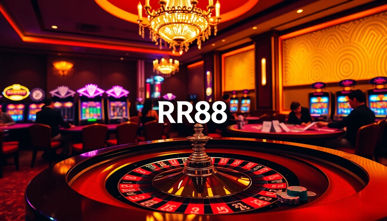 Experience the thrill of casino gaming at RR88 with vibrant slot machines and roulette tables.