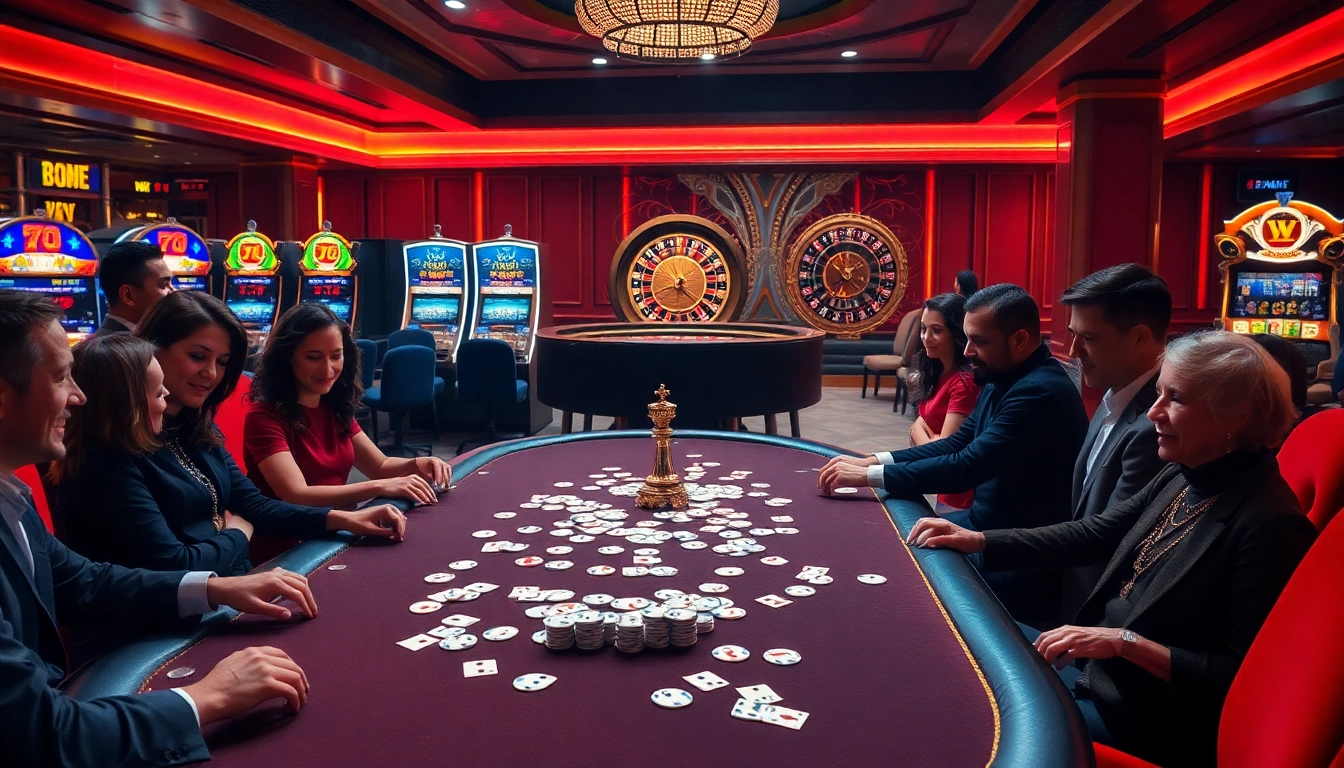 Poker players strategizing their next move at the 79 king-themed casino table.