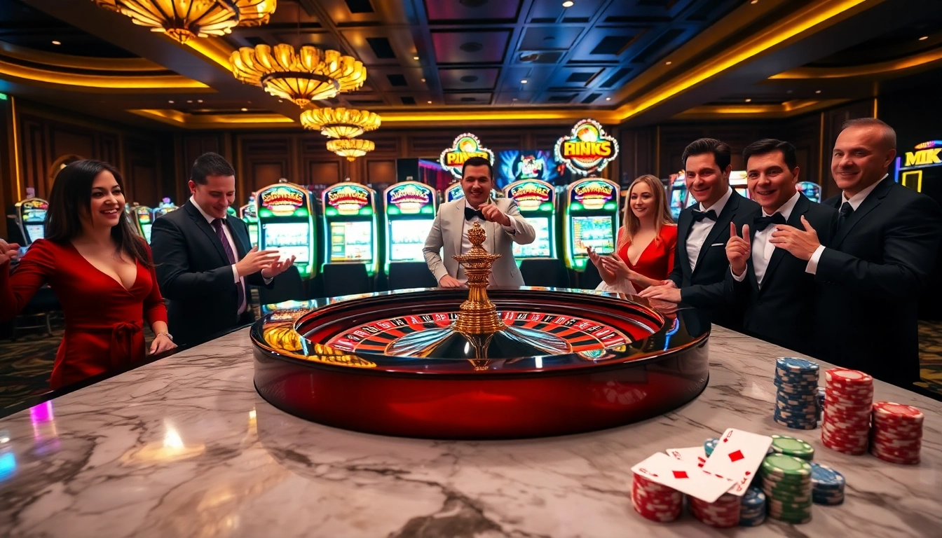 Engaging players enjoying the thrill of MK8 at an elegant casino, featuring roulette and slot machines.