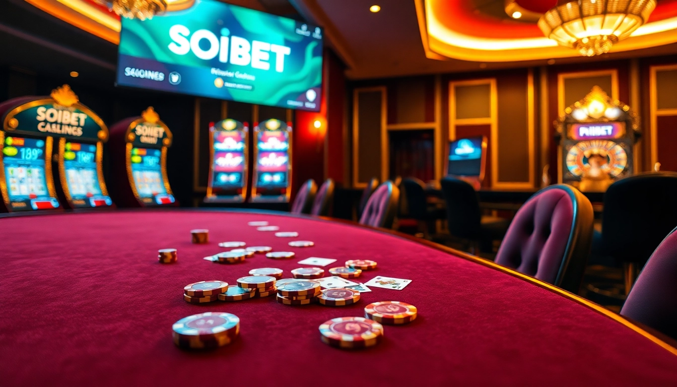 Experience thrilling gameplay at SOIBET's luxurious casino with vibrant gaming tables and roulette.