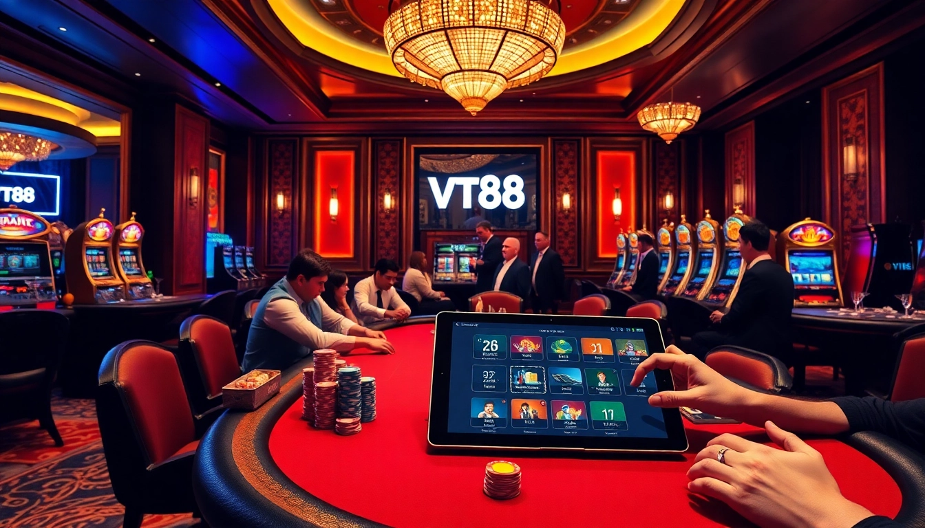 Players enjoying high-stakes poker at VT88 casino, vibrant atmosphere with colorful chips.