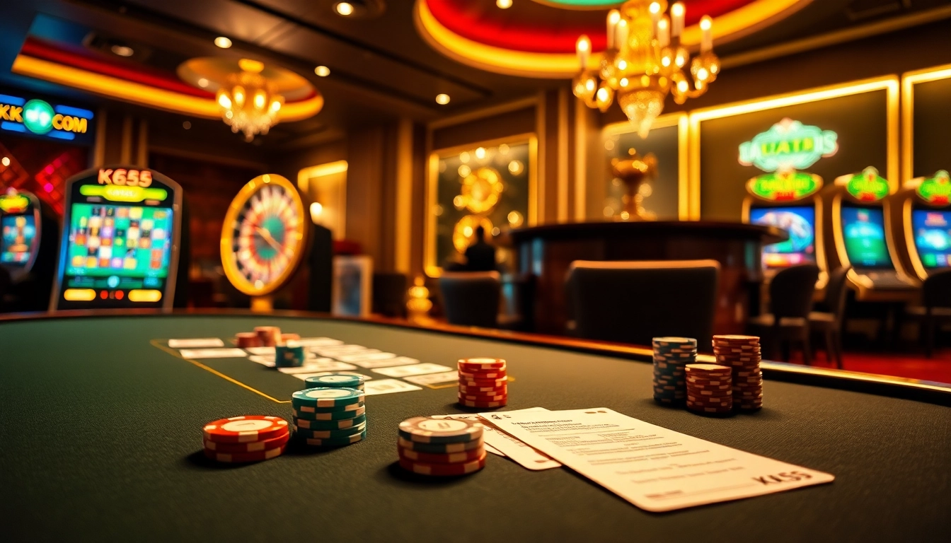 Experience the excitement of gambling at KK55.com with a vibrant poker table and roulette wheel.