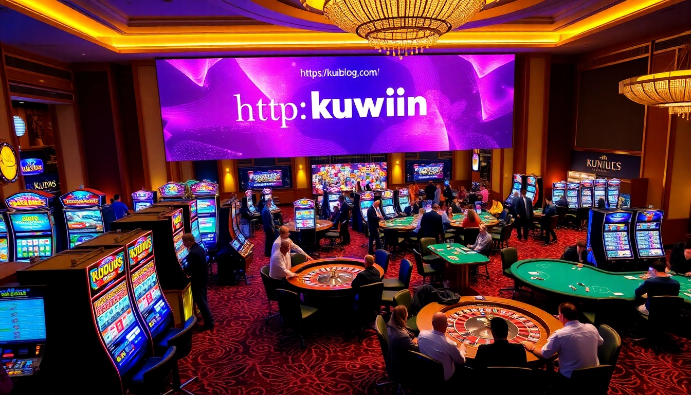 Exciting gambling scene at https://kuwinblog.com/ featuring vibrant slot machines and a professional casino atmosphere.
