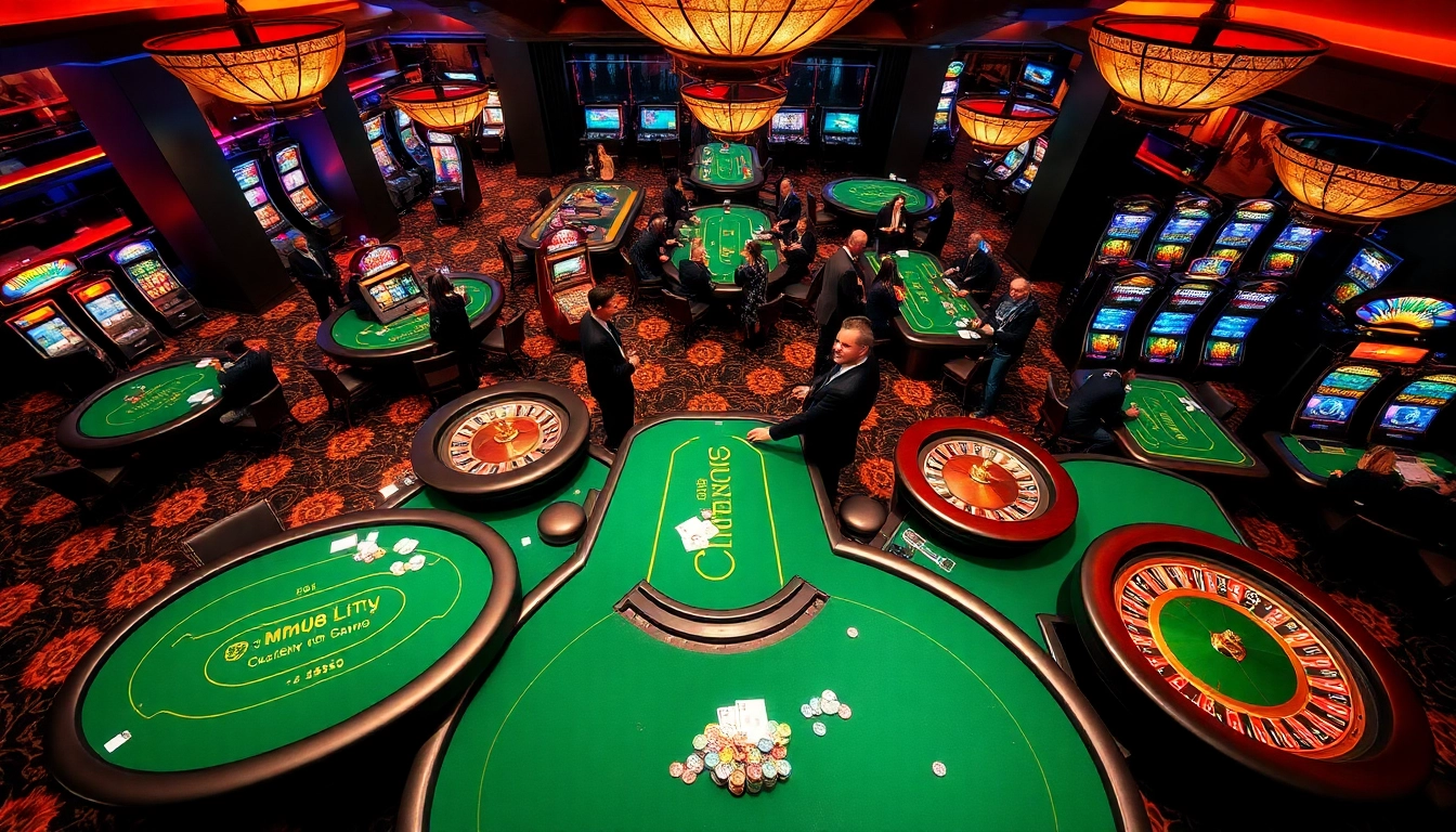 Engaged players at mm88 casino enjoying table games and vibrant slot machines.