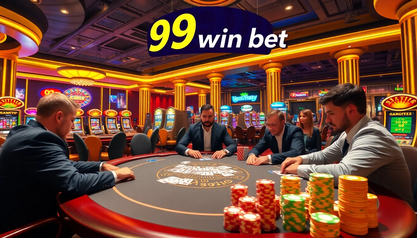 Exciting scene of high-stakes poker at a casino, showcasing a 99win bet table with vibrant gameplay.