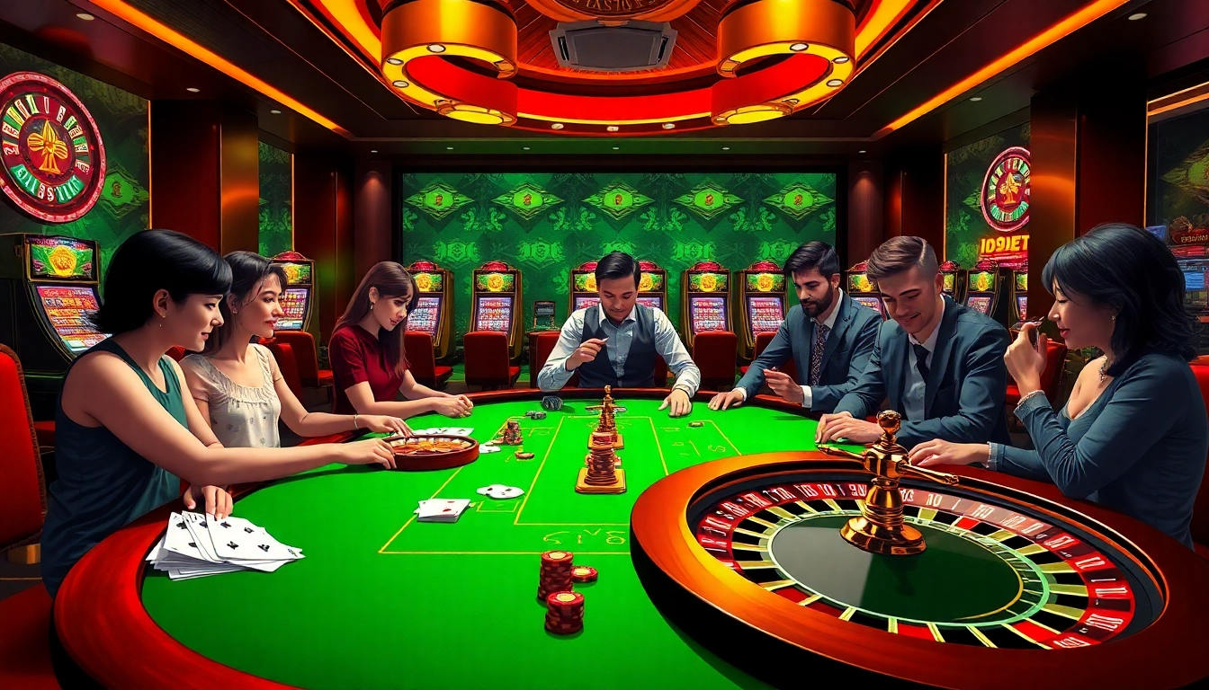 i9bet players enjoying an exciting casino experience at a luxurious table with vibrant slot machines.