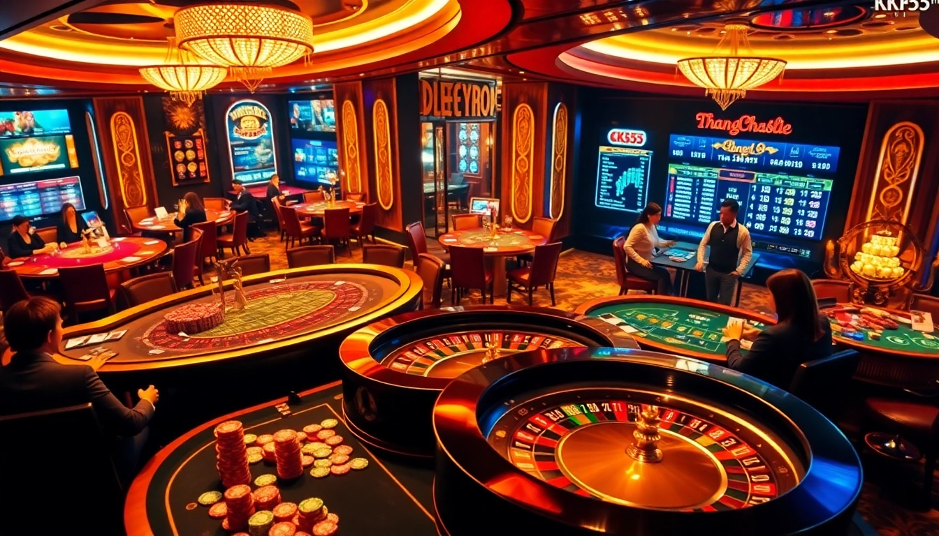 Experience the excitement of Trang Chủ KK55 in a luxurious casino setting with vibrant tables and engaging games.