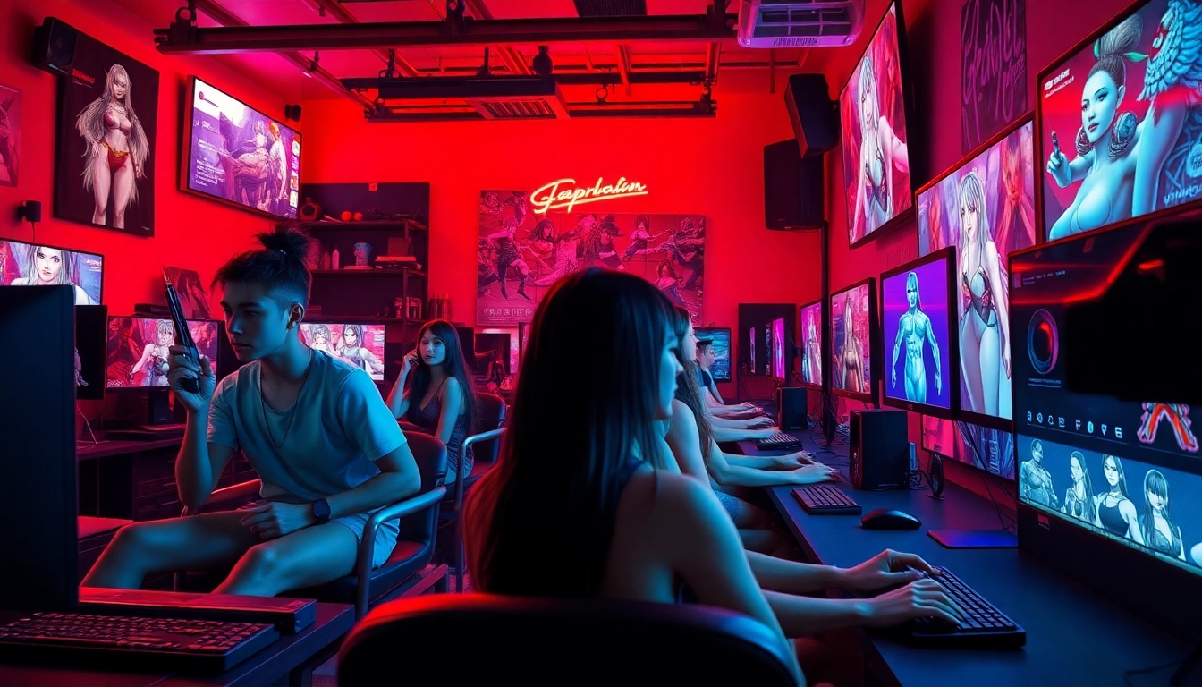 Engaging scene of interactive porn games featuring diverse characters and gaming setups.
