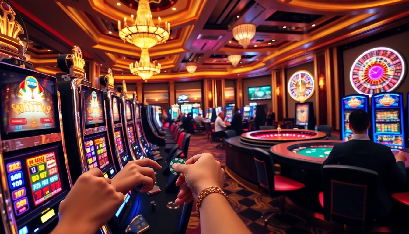 Players enjoying situs slot gacor slots in a luxurious casino environment with bright lights and excitement.