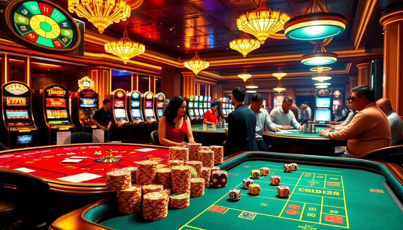 Haywin casino scene featuring players celebrating wins at poker and craps tables with vibrant decor.