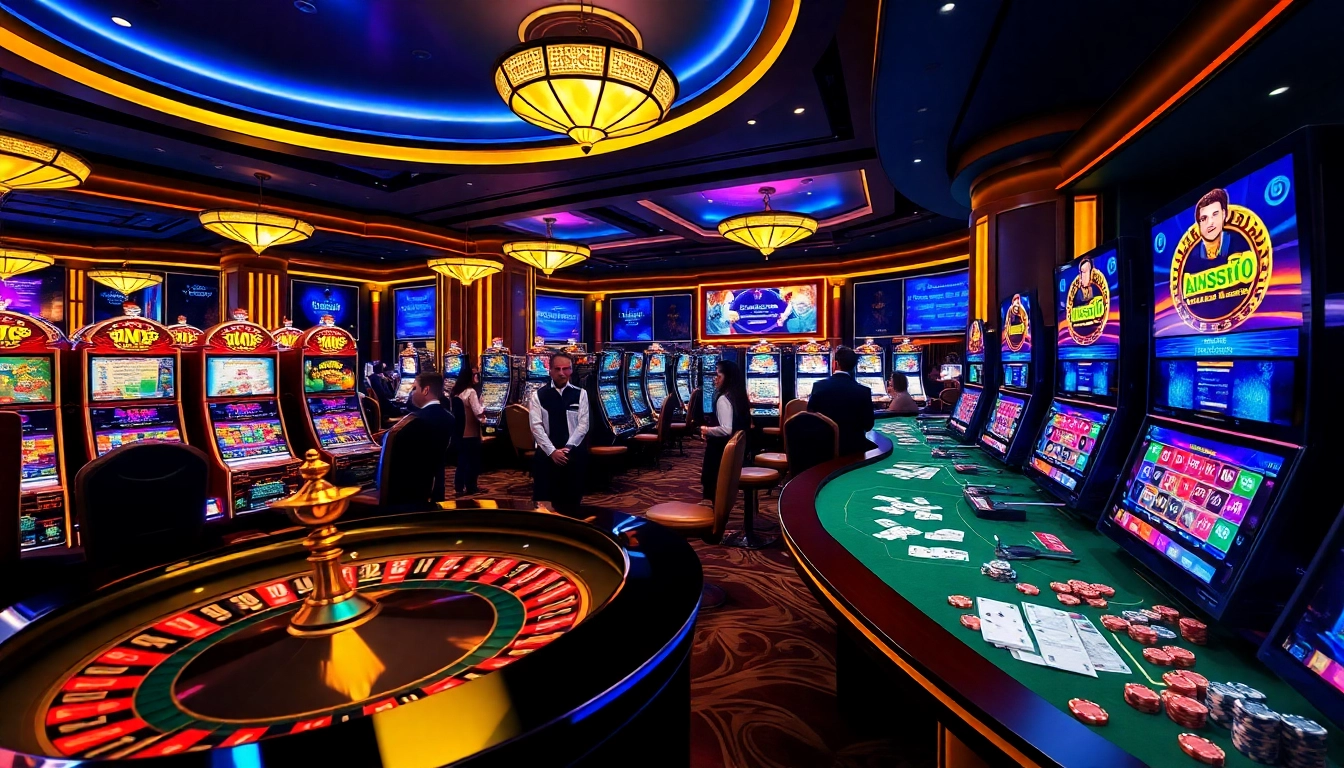 Engaged gamblers enjoying the excitement of casino games at link nohu90 with vibrant slot machines and poker tables.