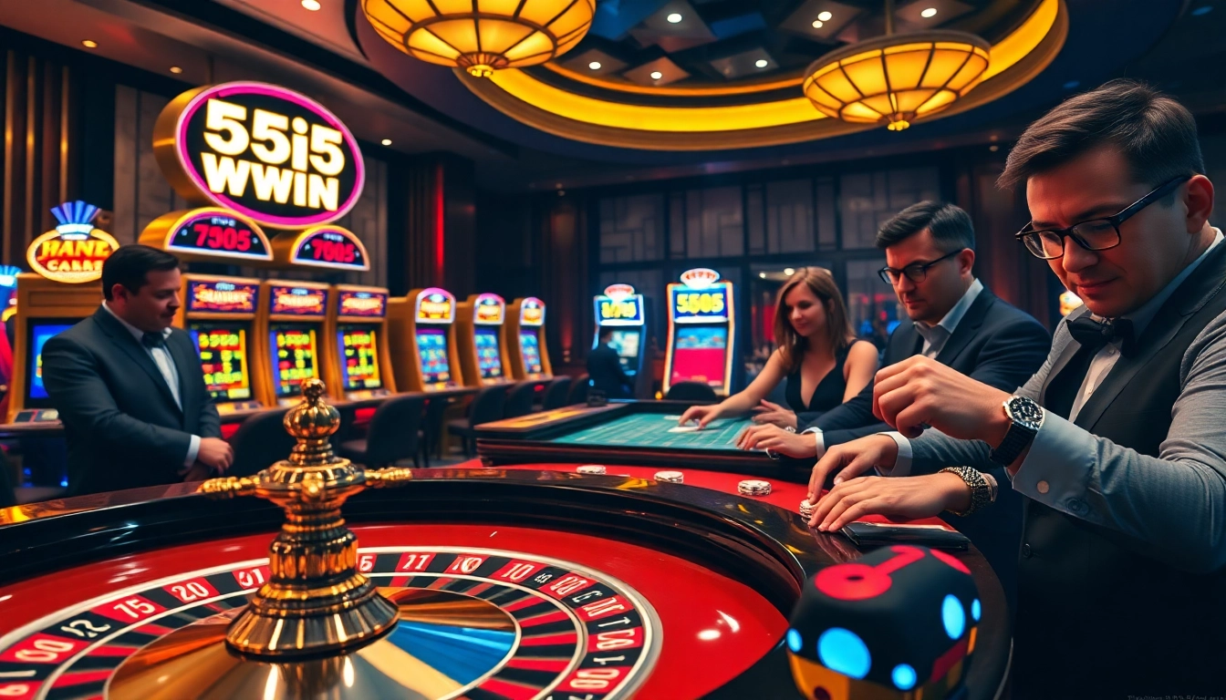 Experience the thrill of winning at 555 win with vibrant casino tables and chips.