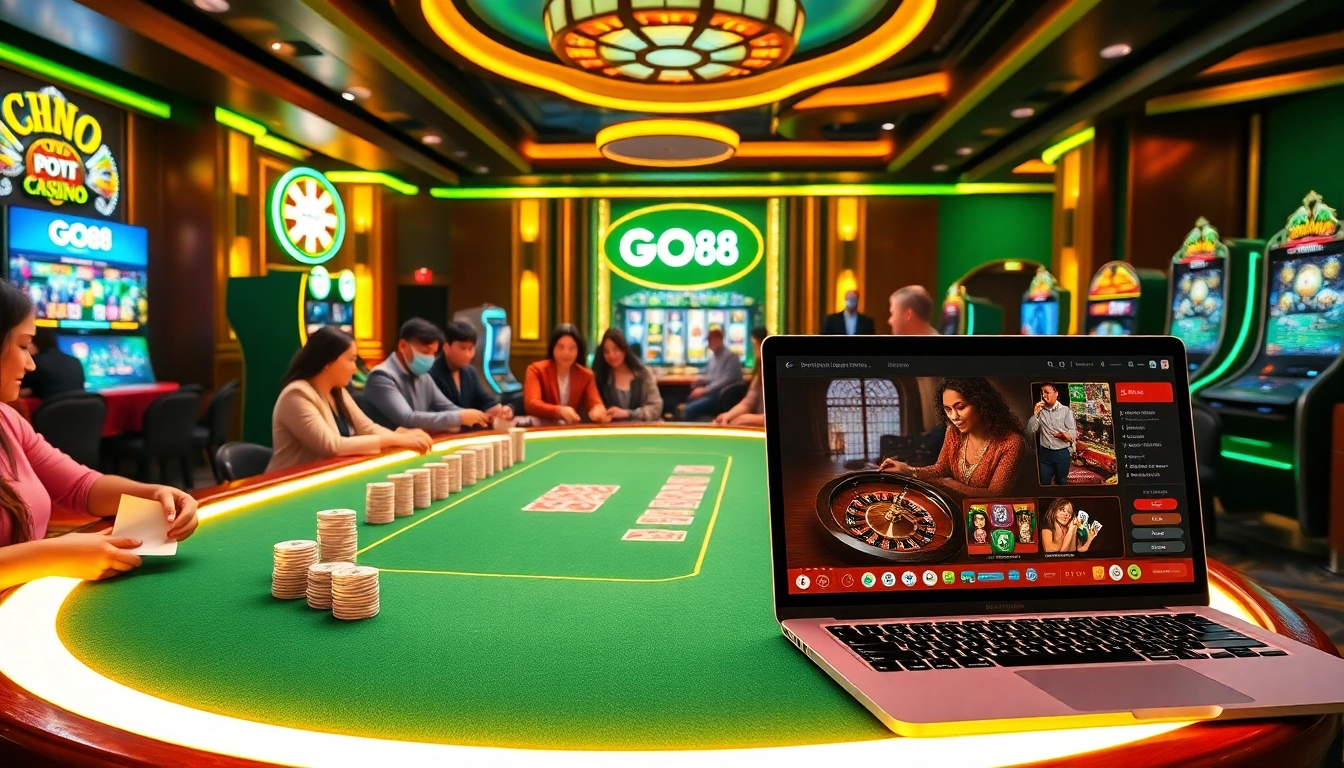 GO88 casino gaming table with vibrant chips and lively players engaged in poker.