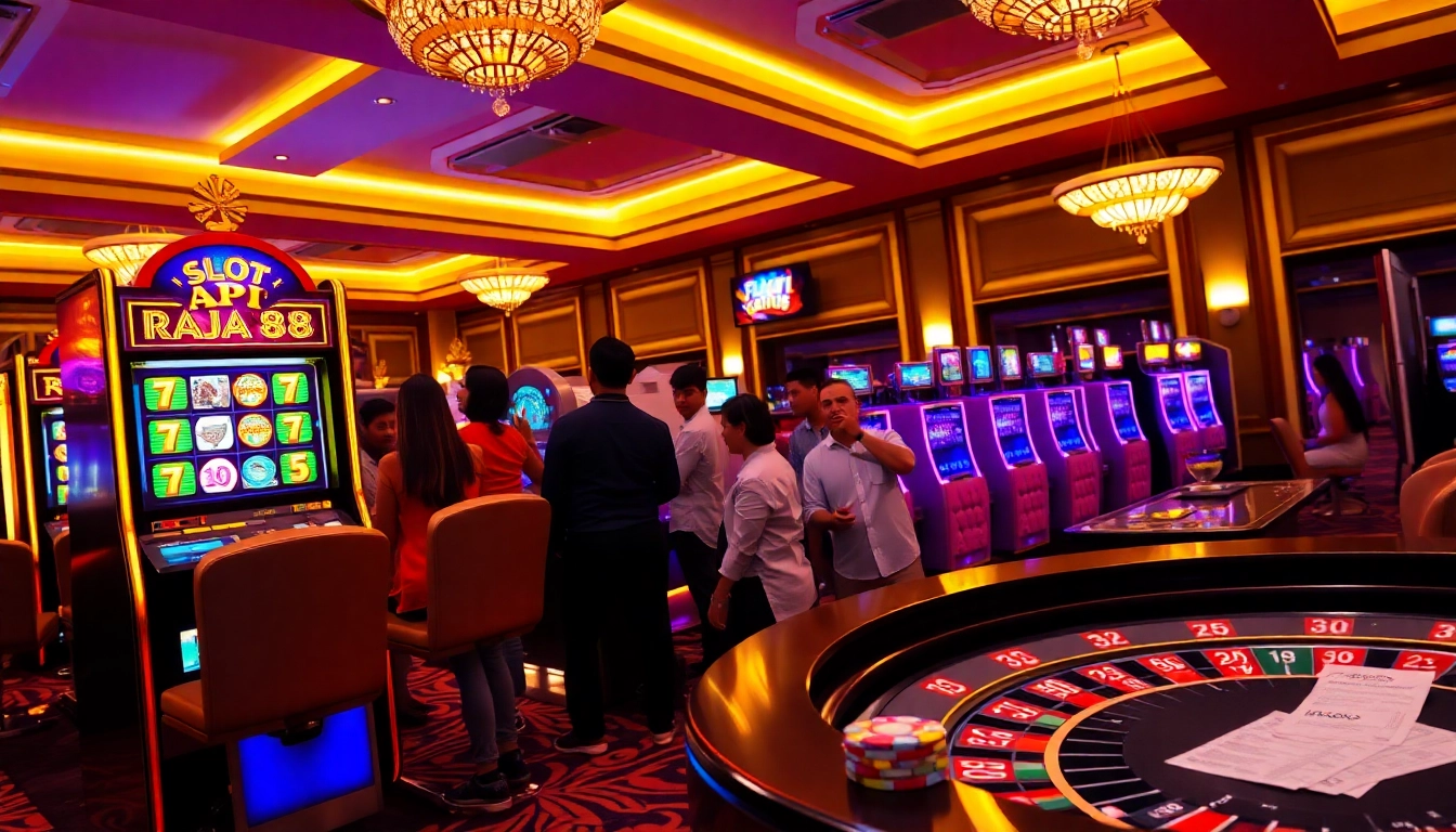 Experience the thrill of slot API Raja 88 at an elegant casino, with vibrant machines and excited players.