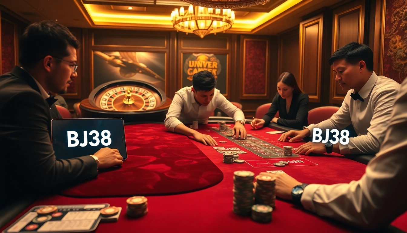 Experience the excitement of BJ38 with a luxurious poker table scene showcasing high-stakes gameplay.